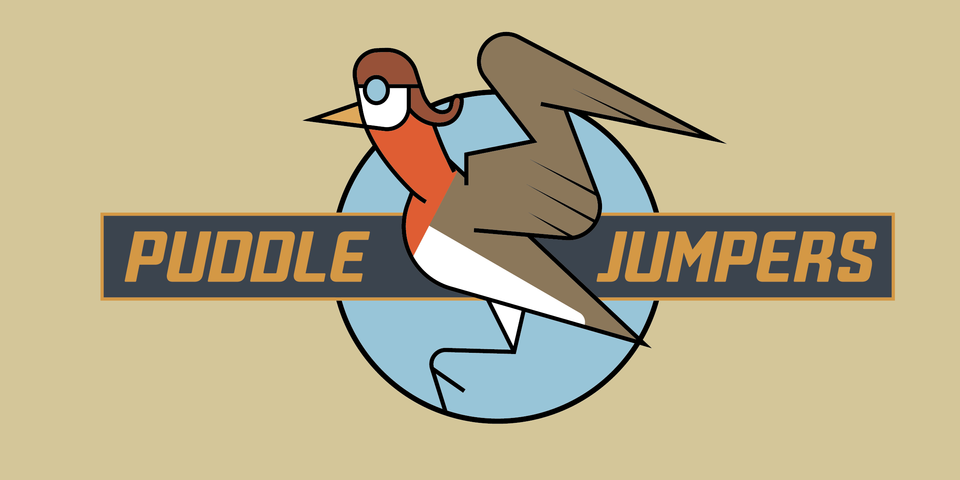 The PuddleJumpers Logo: A stylised Red Pharalopes bird, side on wearing an old fashioned pilots hat and goggles.